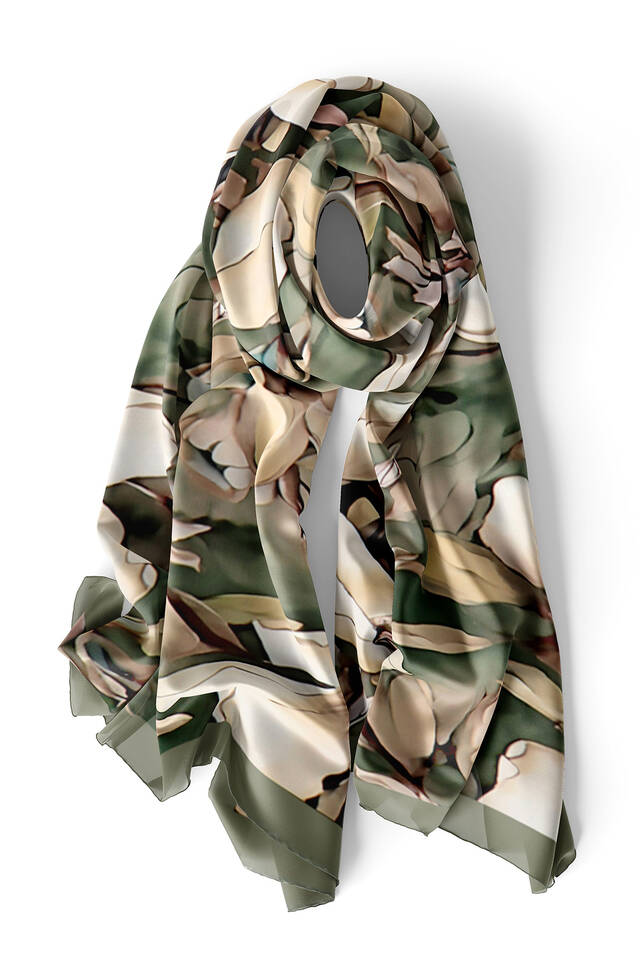 Khaki Narcissus Pattern Silk Foulard - 4