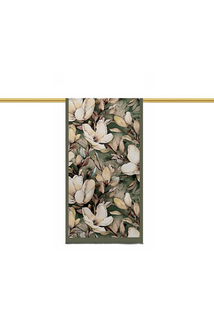 Khaki Narcissus Pattern Silk Foulard - Thumbnail