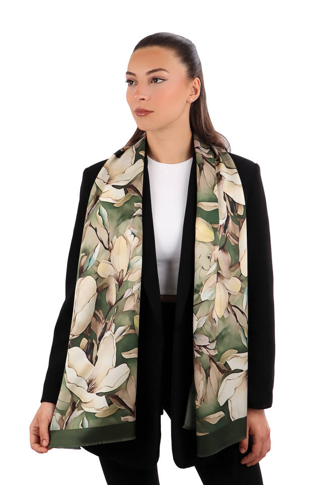 Khaki Narcissus Pattern Silk Foulard 