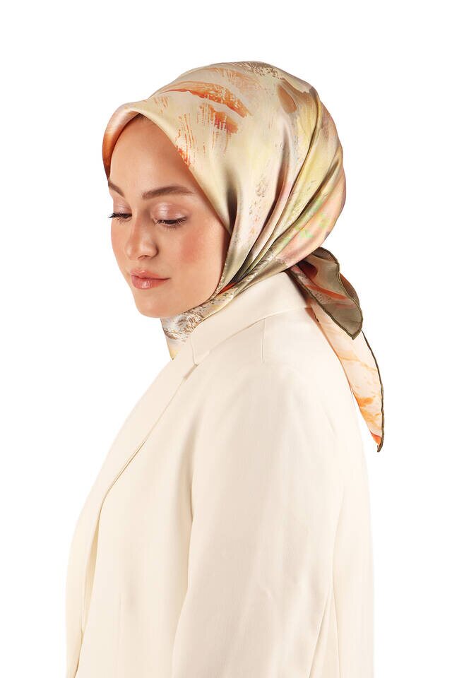 Khaki Pastel Pattern Sura Silk Scarf - 2