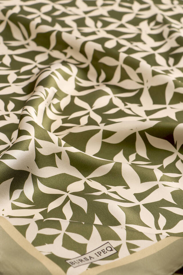 Khaki Pia Pattern Sura Silk Square Scarf - 2