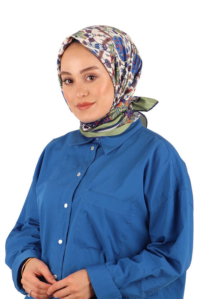 Khaki Tile Tulip Pattern Silky Square Scarf - 2