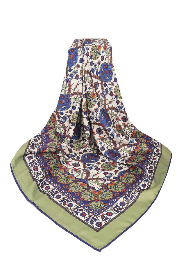 Khaki Tile Tulip Pattern Silky Square Scarf - 3