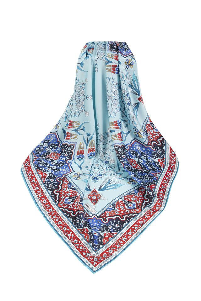 Kırmızı Petrol Türk Motifli Şamdan Lale Desen İpeksi Eşarp - 3
