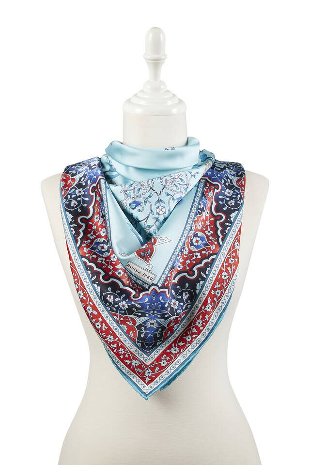 Kırmızı Petrol Türk Motifli Şamdan Lale Desen İpeksi Eşarp - 2