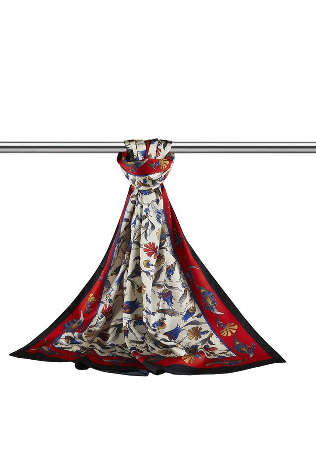 Kırmızı Siyah Karanfil Lale Desen Geniş İpeksi Fular - 3