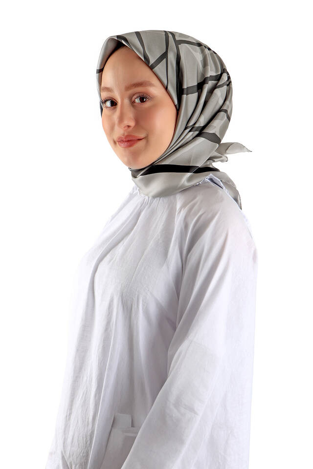 Koyu Gri Mozaik Desen Twill İpek Eşarp - 2