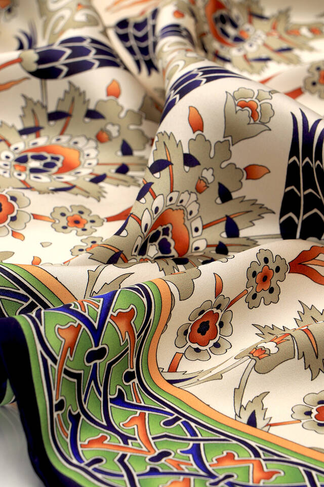 Lacivert Gri Çini Lale Desen İpek Eşarp - 3