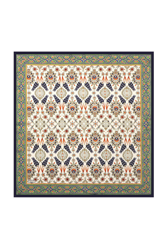 Lacivert Gri Çini Lale Desen İpek Eşarp - Bursa İpek