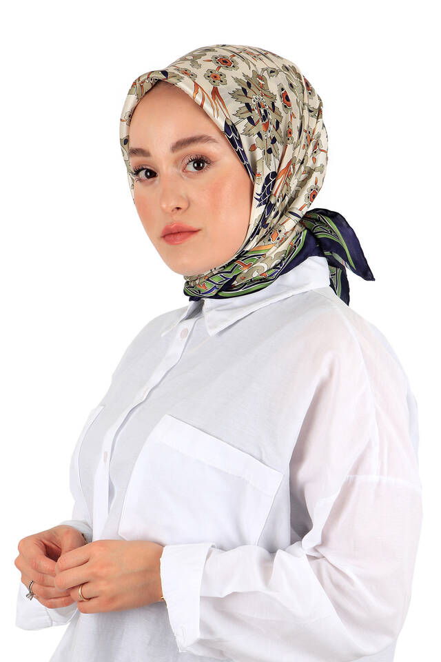 Lacivert Gri Çini Lale Desen İpek Eşarp - 2