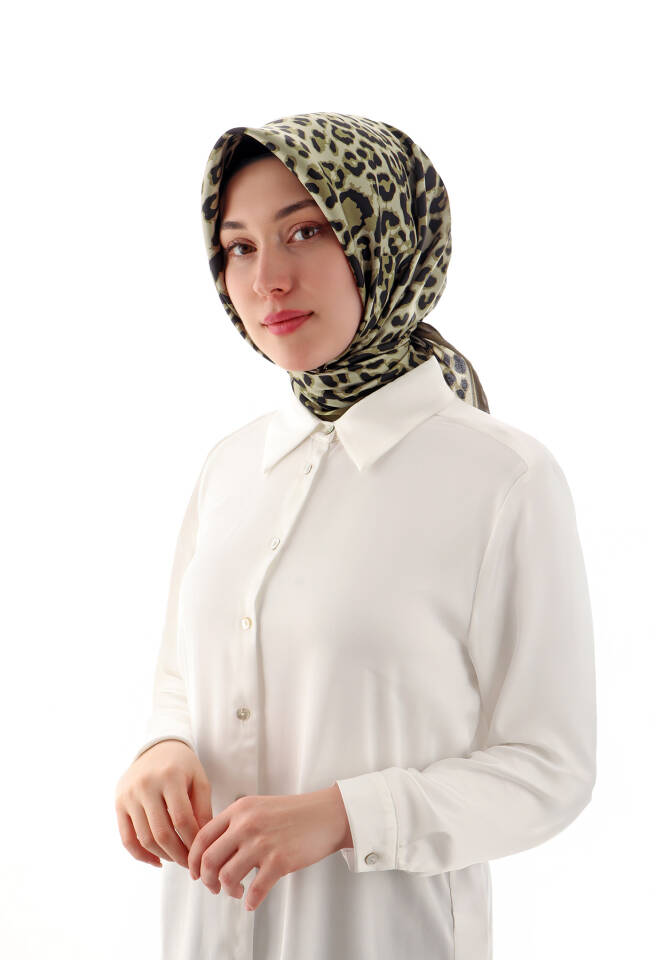 Haki Leopar Desen Twill İpek Eşarp - 2