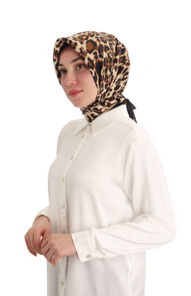 Kahverengi Leopar Desen Twill İpek Eşarp - 2