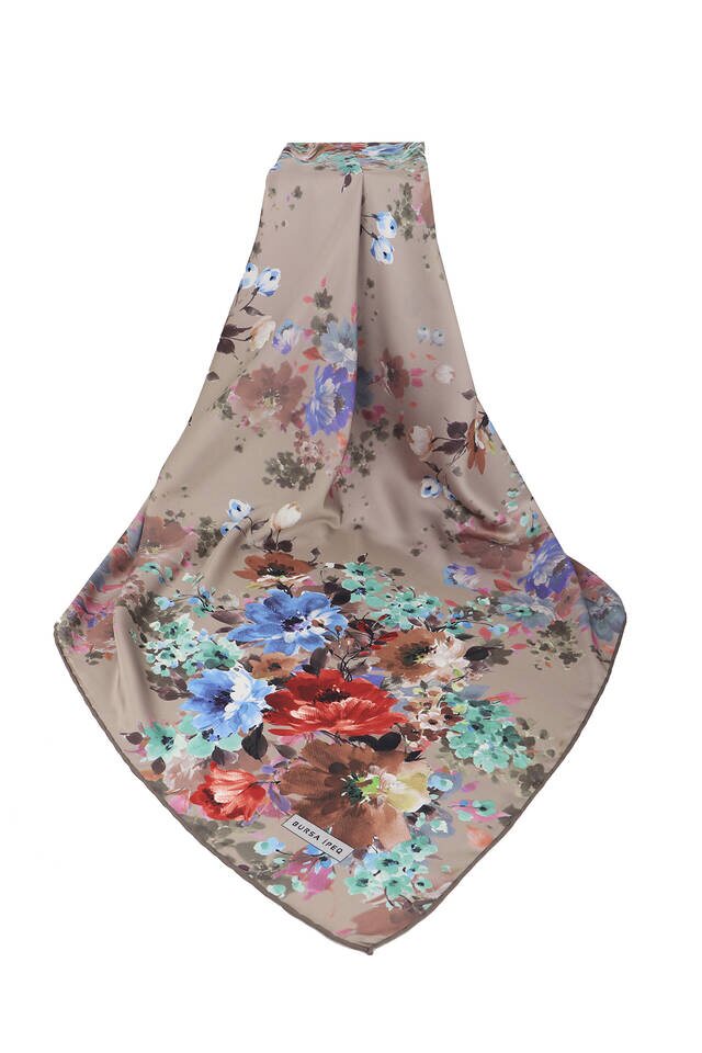 Light Brown Sardinia Pattern Silky Square Scarf - 3