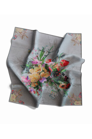 Light Gray Floral Silk Square Scarf - Thumbnail
