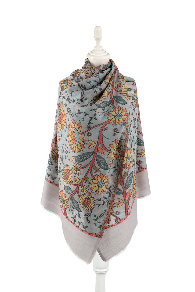 Light Gray Jacquard Patterned Wool Shawl - Bursa İpek