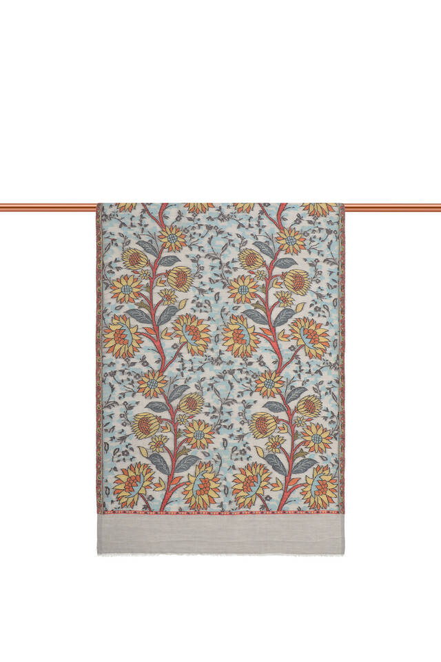 Light Gray Jacquard Patterned Wool Shawl - 3