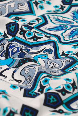 قماش قطني مطبوع عليه نقش طاووس أزرق فيروزي - Thumbnail