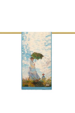 Mavi Şemsiyeli Kız İpek Tablo Fular - Thumbnail