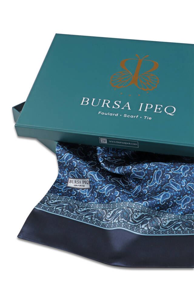 Navy Blue Patterned Men's Silk Scarf - 3