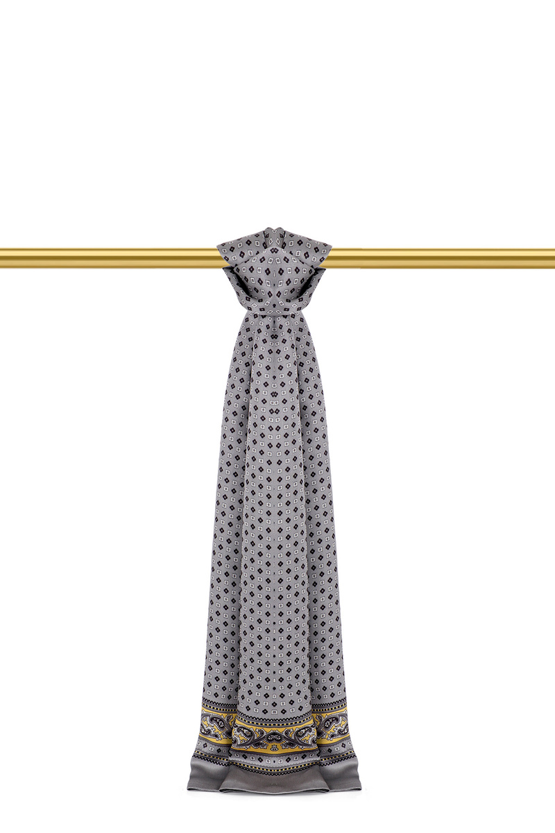 Gray Patterned Men's Silk Scarf - Bursa İpek