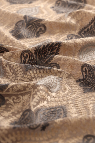Milk Brown Anthracite Suzani Embroidered Wool Silk Shawl - Thumbnail