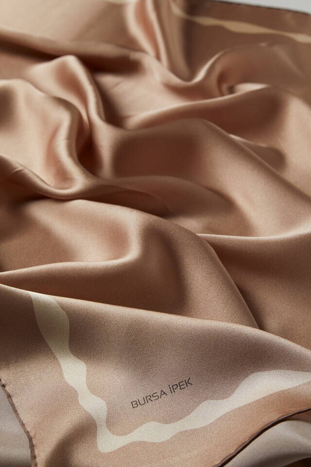 Milk Coffee Border Water Wave Silk Square Scarf - 3