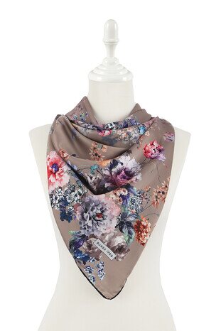 Milky Brown Begonia Pattern Silky Square Scarf - Thumbnail