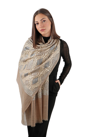 Milky Brown Gray Suzani Embroidered Wool Silk Shawl - Thumbnail