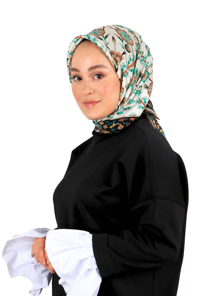 Mink Black Selcuk Pattern Silk Square Scarf - 2