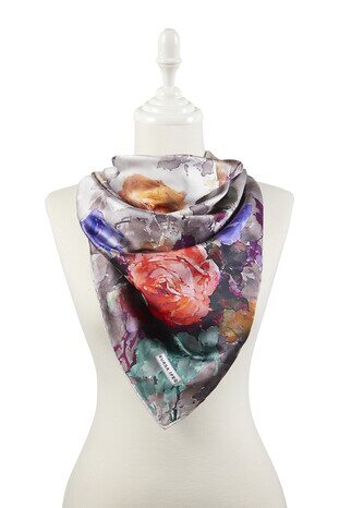 Mink Floral Pattern Silky Square Scarf - Thumbnail