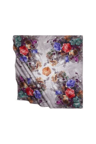 Mink Floral Pattern Silky Square Scarf - Thumbnail