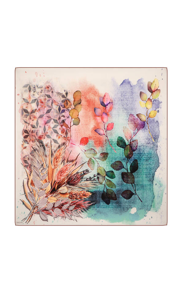 Mint Botanical Pattern Sura Silk Square Scarf - Bursa İpek