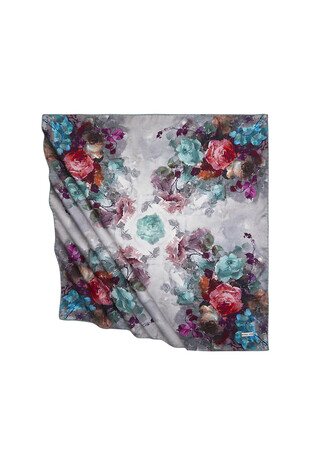 Mint Floral Pattern Silky Square Scarf - Thumbnail