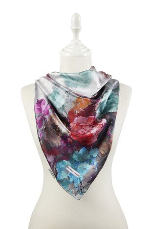 Mint Floral Pattern Silky Square Scarf - Thumbnail