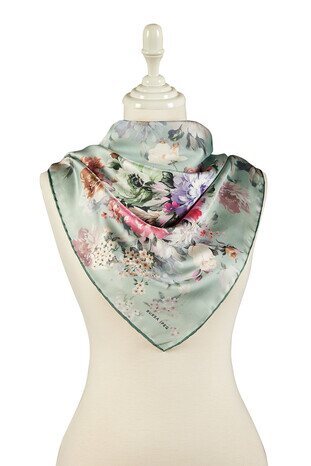 Mint Fourflower Pattern Silky Square Scarf - Thumbnail