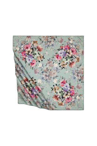 Mint Fourflower Pattern Silky Square Scarf - Thumbnail