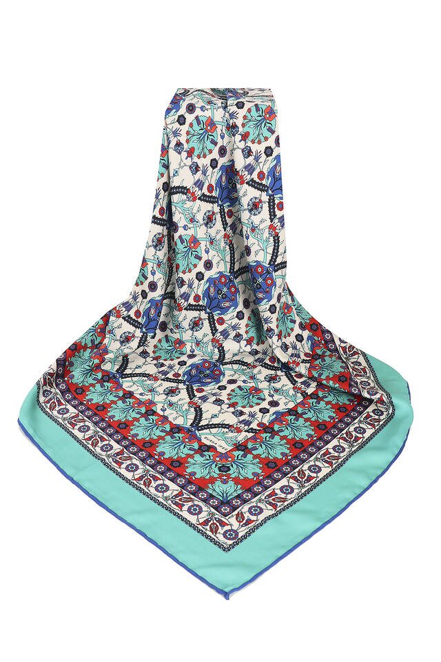 Mint Tile Tulip Pattern Silky Square Scarf - 3