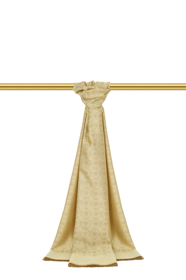 Bej Monogram Desen Jakarlı İpek Şal - Bursa İpek