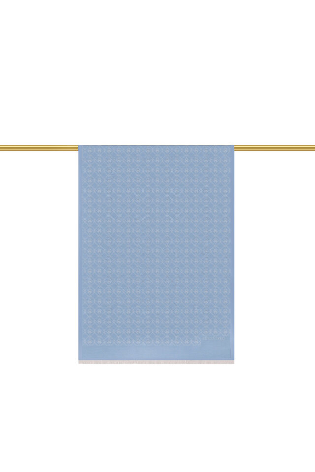 Buz Mavi Monogram Desen Jakarlı İpek Şal - 2