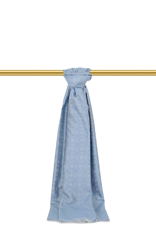 Buz Mavi Monogram Desen Jakarlı İpek Şal - 1