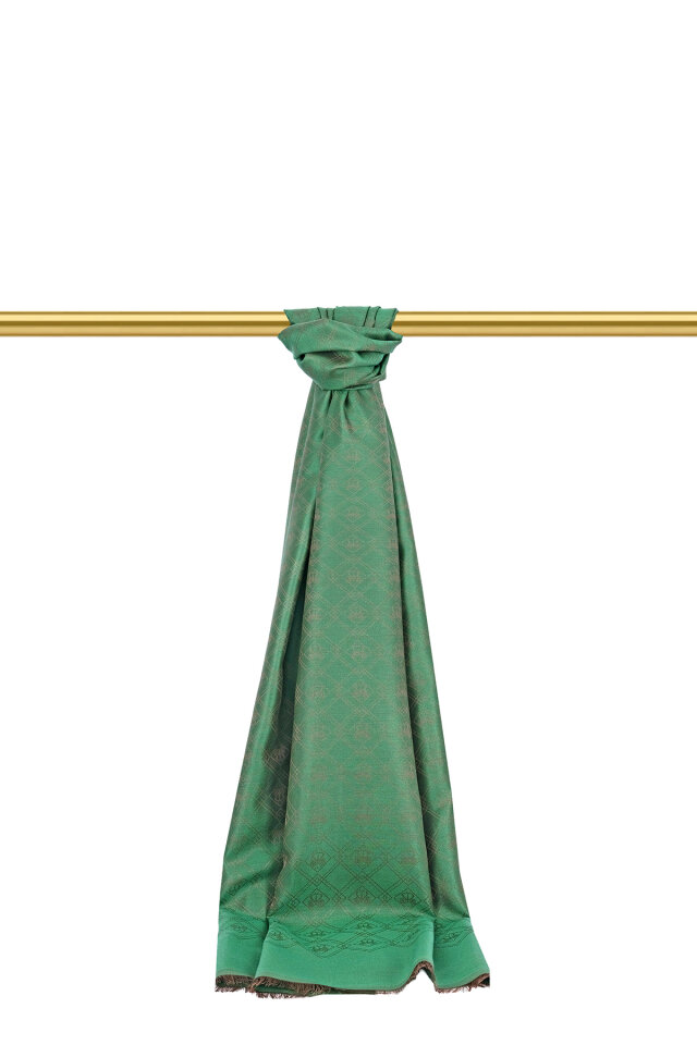 Yeşil Monogram Desen Jakarlı İpek Şal - Bursa İpek