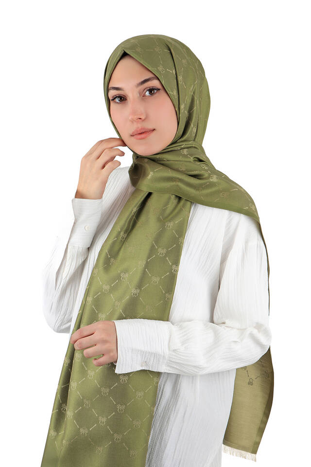 Yeşil Monogram Desen Jakarlı İpek Şal - 2