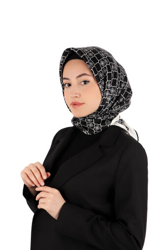 Siyah Monogram İpek Eşarp 