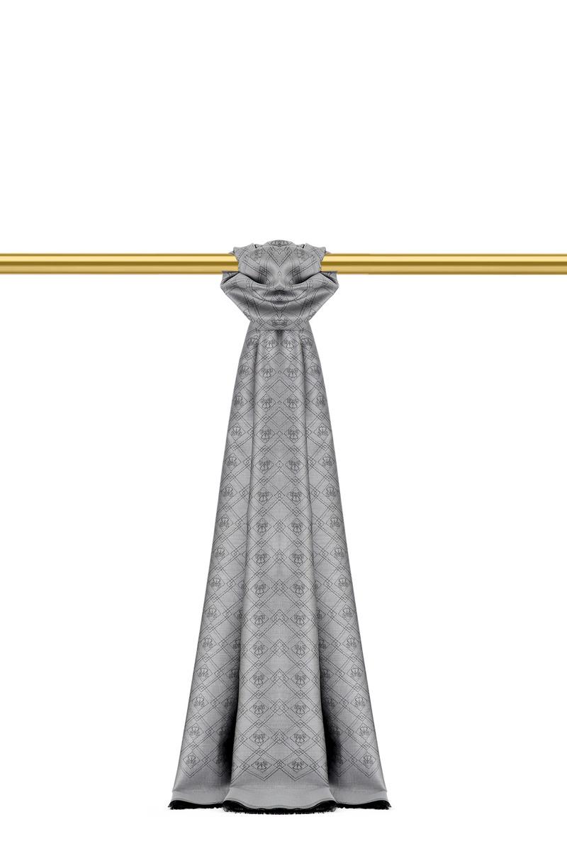 Gray Monogram Pattern Jacquard Silk Shawl - Bursa İpek
