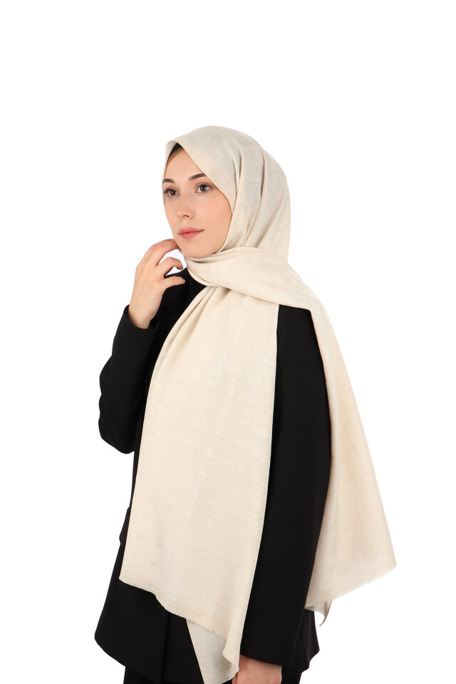Beige Monogram Pattern Silk Cotton Shawl - 1