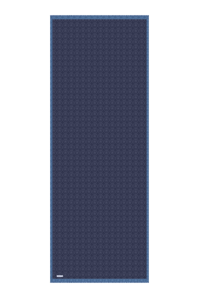 Dark Navy Monogram Pattern Silk Cotton Shawl - 4