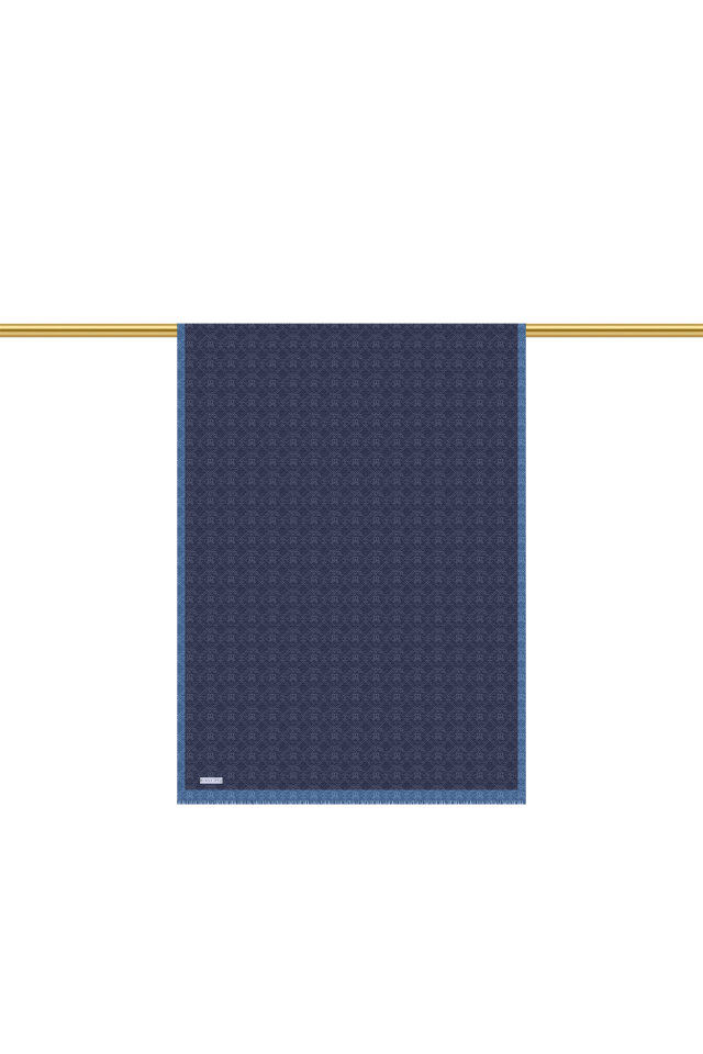 Dark Navy Monogram Pattern Silk Cotton Shawl - 3