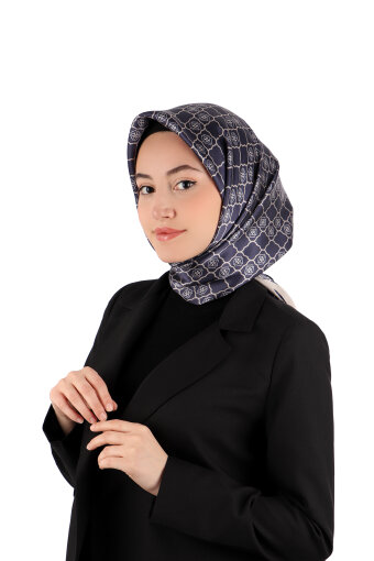 Navy Blue Monogram Silk Scarf 