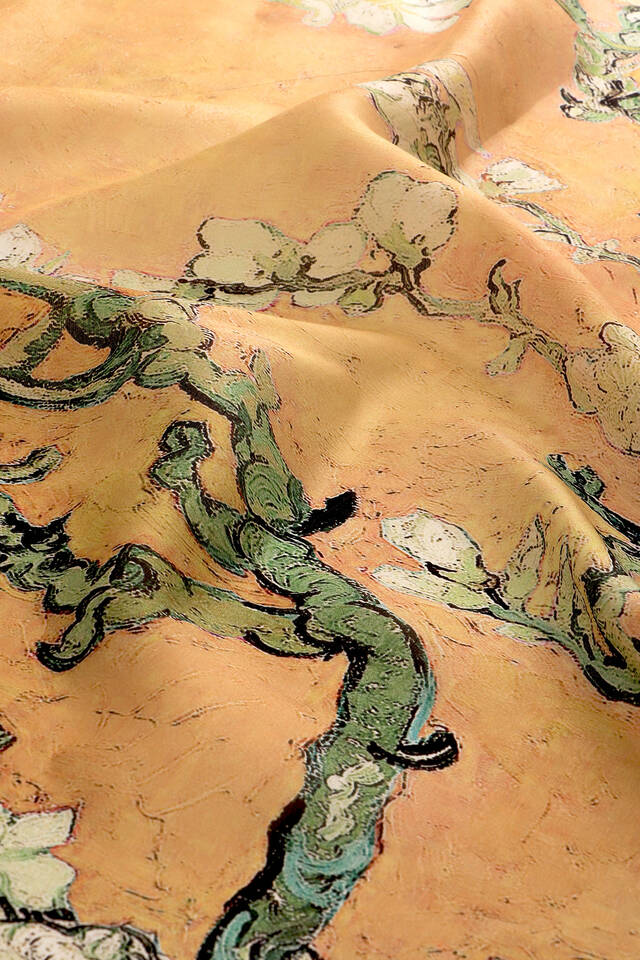 Mustard Almond Blossom Pattern Voile Silk Scarf - 4