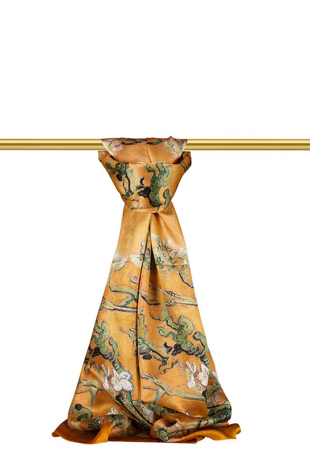 Mustard Almond Blossom Silk Scarf - Bursa İpek